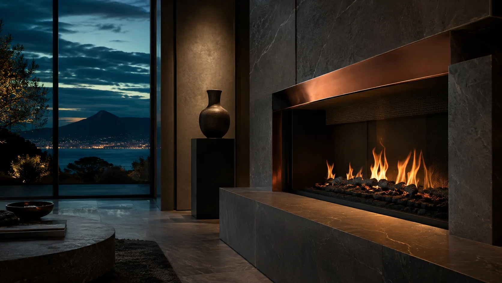 Villa interior, warm lit, ocean view