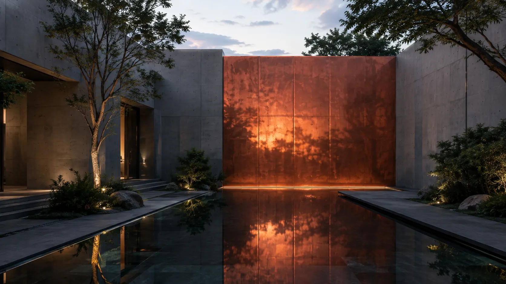 Copper wall reflecting light in a private courtyard